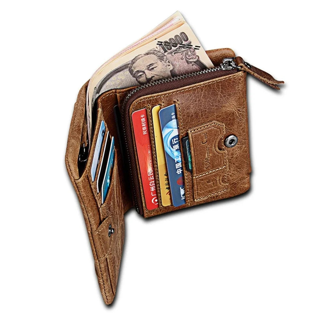 Crazy Horse Cowhide Men's / Genuine Leather Short Anti-RFID Stealing Zip Wallet for Men and Women