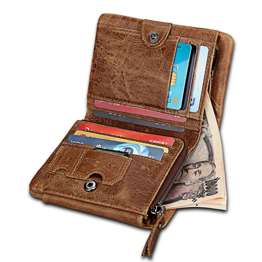 Crazy Horse Cowhide Men's / Genuine Leather Short Anti-RFID Stealing Zip Wallet for Men and Women