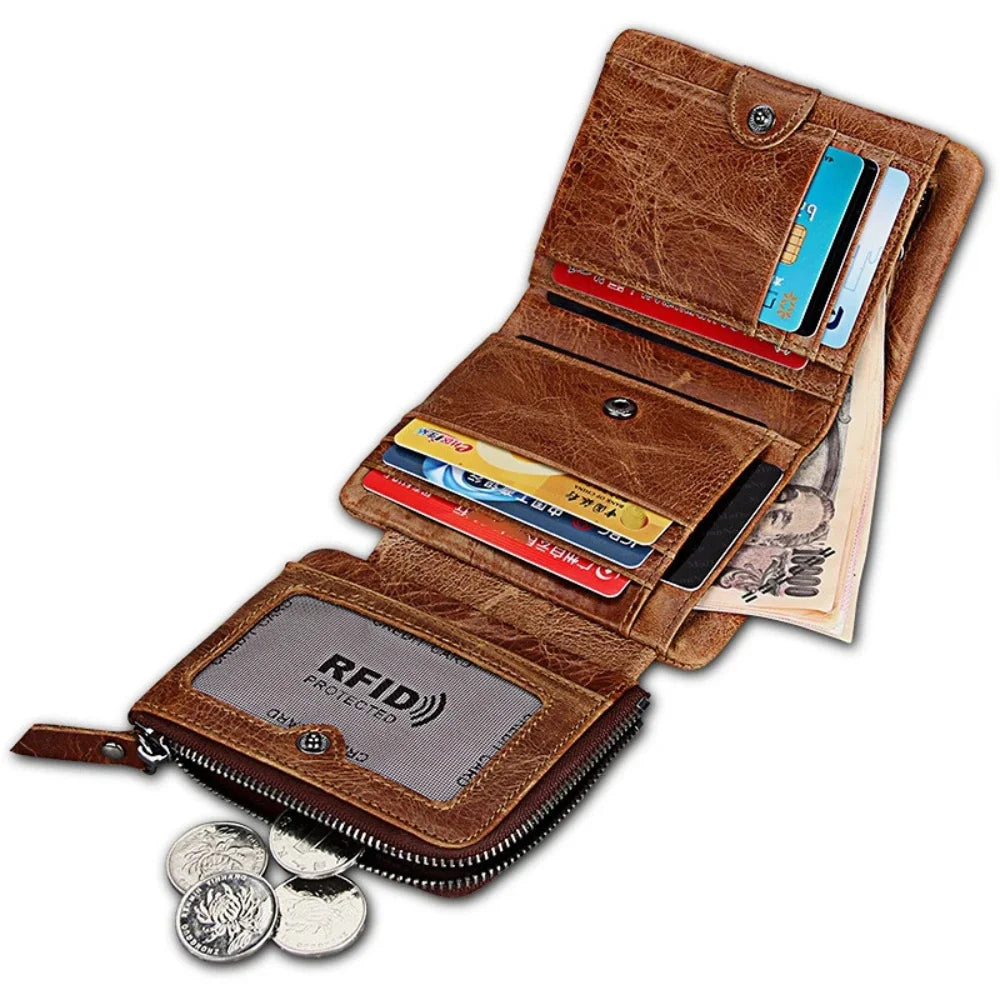 Crazy Horse Cowhide Men's / Genuine Leather Short Anti-RFID Stealing Zip Wallet for Men and Women