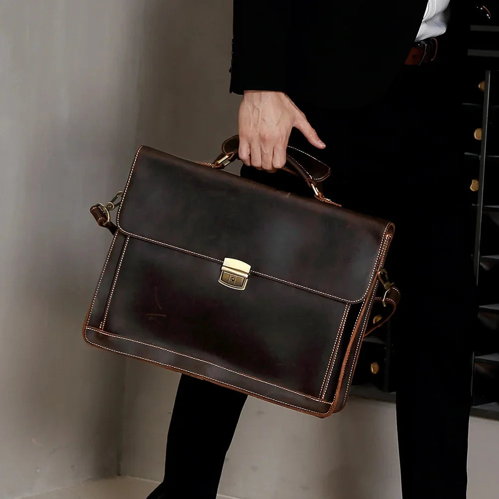 Crazy Horse Genuine Leather Briefcase Vintage Messenger Shoulder Bag Men's Business Laptop Handbag For Male 6393