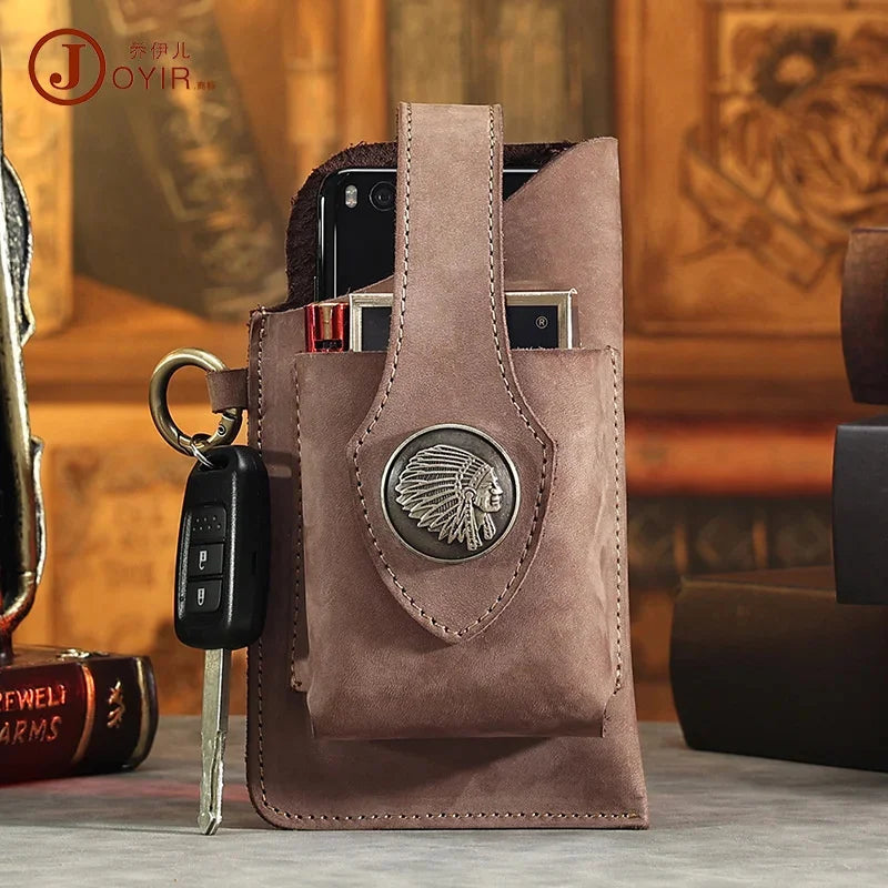 Crazy Horse Genuine Leather Packs Men Casual Small Fanny Pack Belt Loops Hip Bum Outdoor Waist Bag Phone Pouch Purses