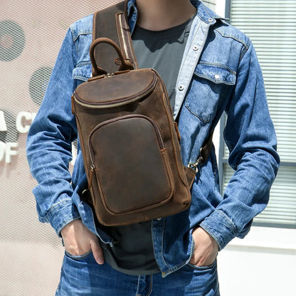 Crazy Horse Leather Men's Chest Vintage Sling Crossbody Daypack Husband Traval Shoulder Bag For Male 9087