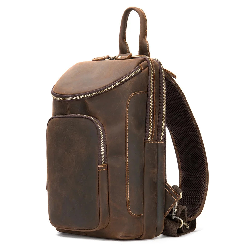 Crazy Horse Leather Men's Chest Vintage Sling Crossbody Daypack Husband Traval Shoulder Bag For Male 9087