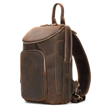 Crazy Horse Leather Men's Chest Vintage Sling Crossbody Daypack Husband Traval Shoulder Bag For Male 9087