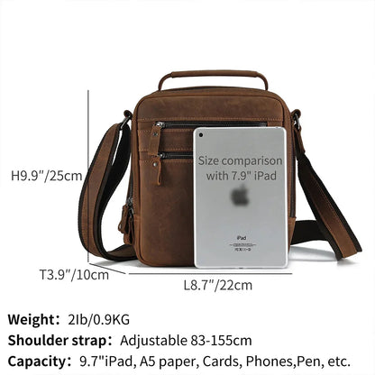 Crazy Horse Leather Men's Shoulder Bag Multi-function Messenger Work Travel Male Crossbody Bags for 9.7' iPad Handbag