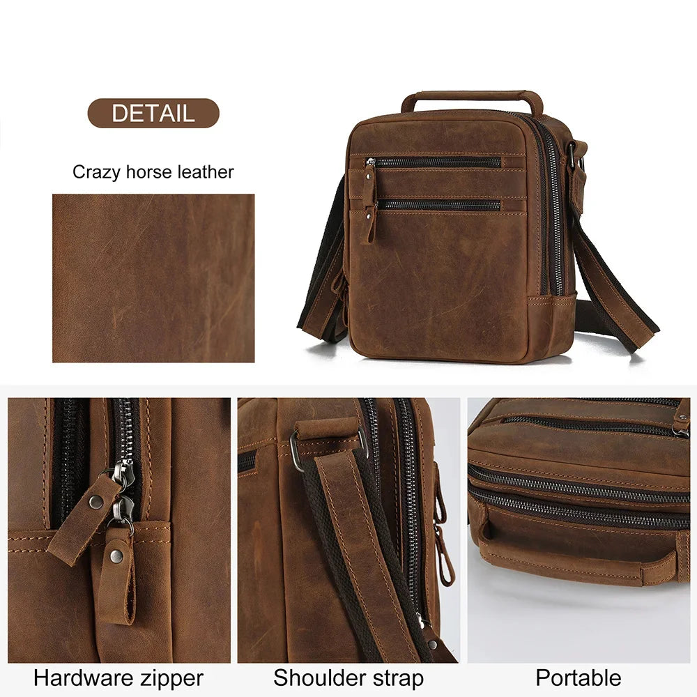 Crazy Horse Leather Men's Shoulder Bag Multi-function Messenger Work Travel Male Crossbody Bags for 9.7' iPad Handbag