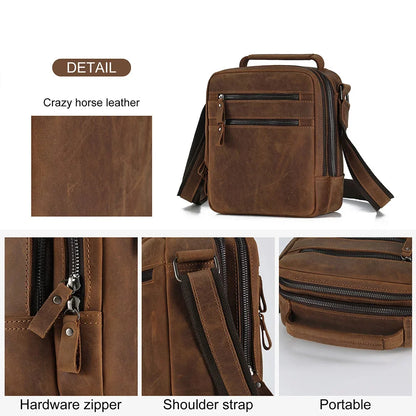 Crazy Horse Leather Men's Shoulder Bag Multi-function Messenger Work Travel Male Crossbody Bags for 9.7' iPad Handbag