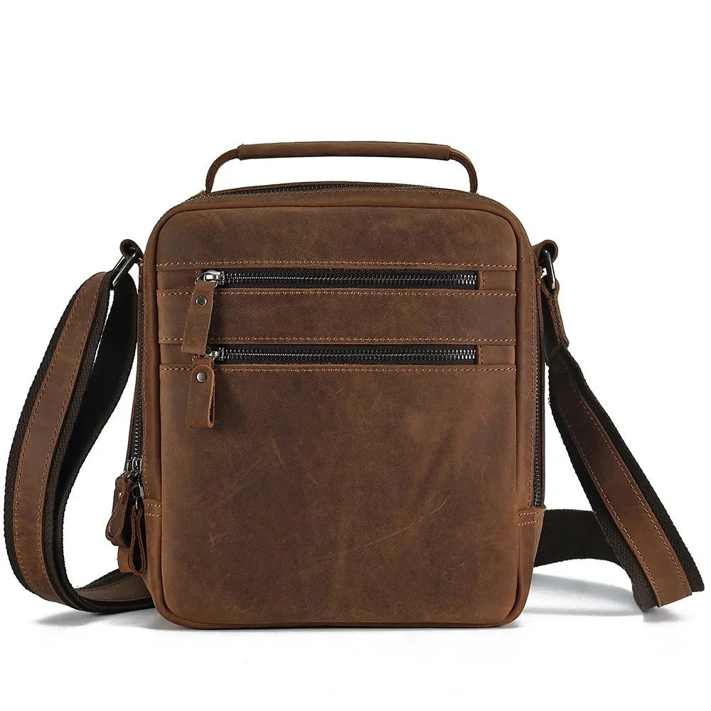Crazy Horse Leather Men's Shoulder Bag Multi-function Messenger Work Travel Male Crossbody Bags for 9.7' iPad Handbag