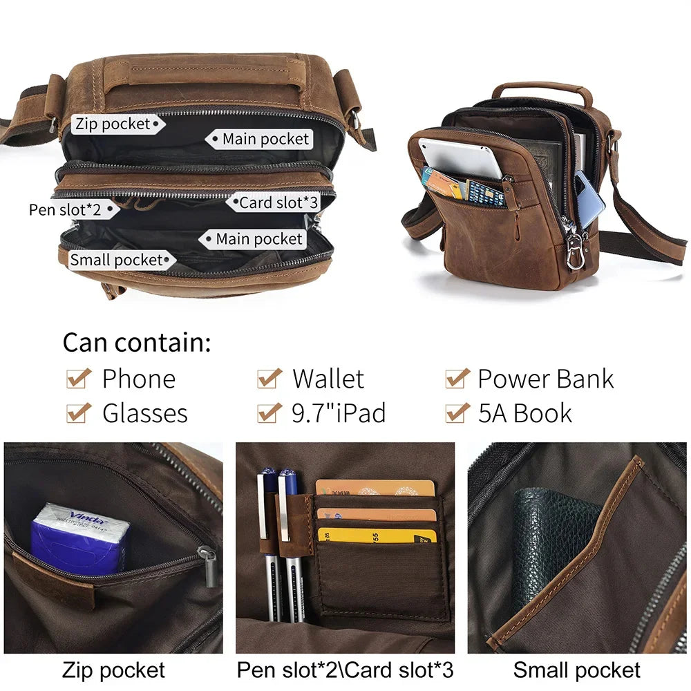 Crazy Horse Leather Men's Shoulder Bag Multi-function Messenger Work Travel Male Crossbody Bags for 9.7' iPad Handbag