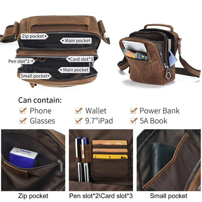 Crazy Horse Leather Men's Shoulder Bag Multi-function Messenger Work Travel Male Crossbody Bags for 9.7' iPad Handbag