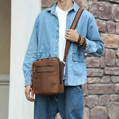 Crazy Horse Leather Men's Shoulder Bag Multi-function Messenger Work Travel Male Crossbody Bags for 9.7' iPad Handbag
