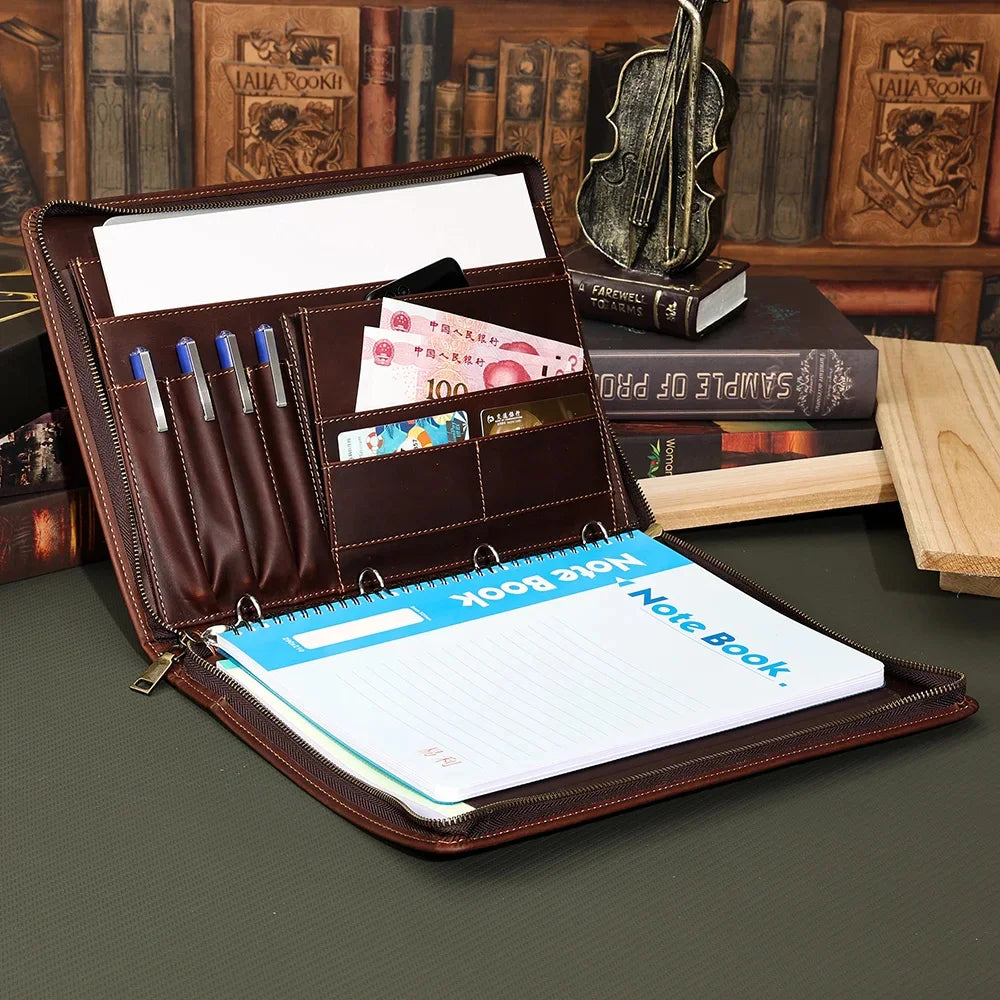 Crazy Horse Leather Portfolio Case Men Women Multi Pocket Padfolio Cover Bussiness Document A4 Organizer Tablet Holder