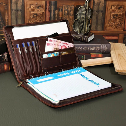 Crazy Horse Leather Portfolio Case Men Women Multi Pocket Padfolio Cover Bussiness Document A4 Organizer Tablet Holder