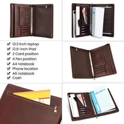 Crazy Horse Leather Portfolio Case Men Women Multi Pocket Padfolio Cover Bussiness Document A4 Organizer Tablet Holder