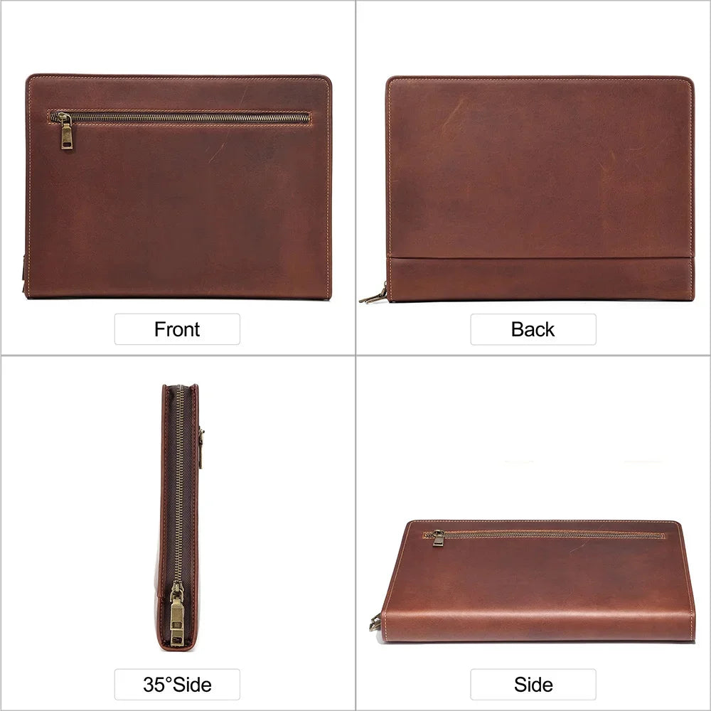 Crazy Horse Leather Portfolio Case Men Women Multi Pocket Padfolio Cover Bussiness Document A4 Organizer Tablet Holder