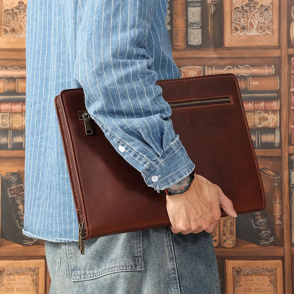 Crazy Horse Leather Portfolio Case Men Women Multi Pocket Padfolio Cover Bussiness Document A4 Organizer Tablet Holder