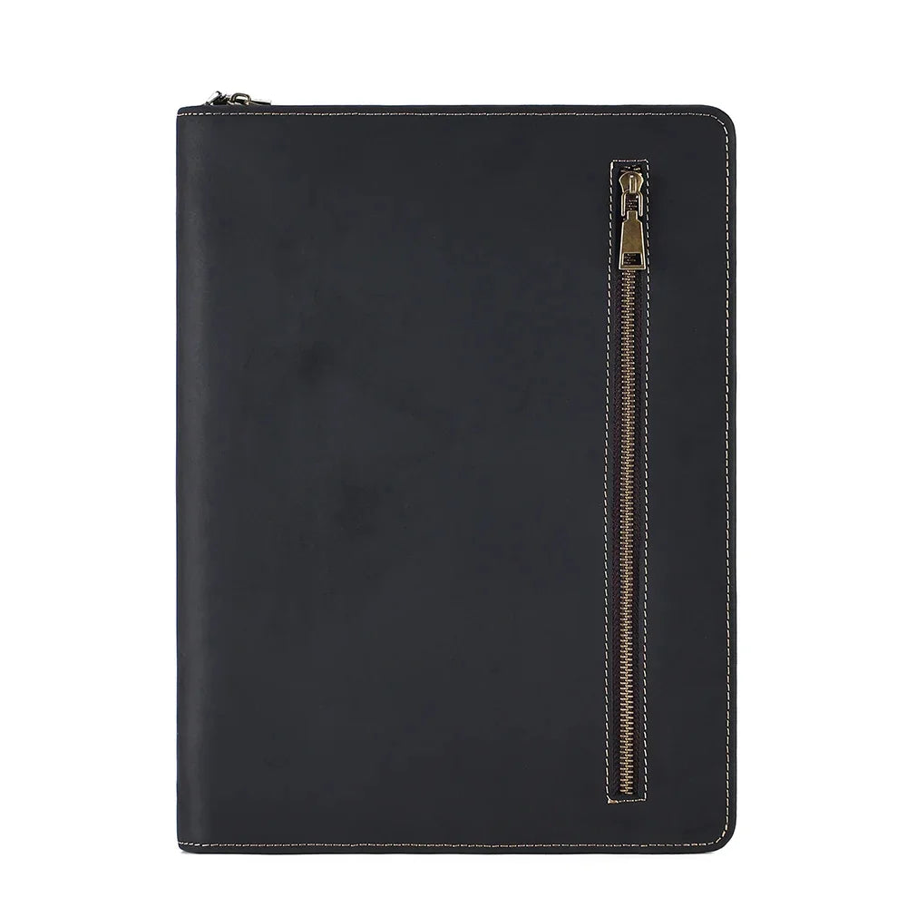 Crazy Horse Leather Portfolio Case Men Women Multi Pocket Padfolio Cover Bussiness Document A4 Organizer Tablet Holder