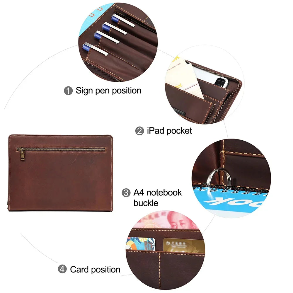 Crazy Horse Leather Portfolio Case Men Women Multi Pocket Padfolio Cover Bussiness Document A4 Organizer Tablet Holder
