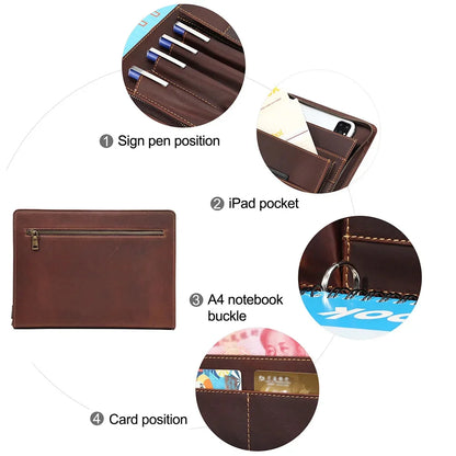 Crazy Horse Leather Portfolio Case Men Women Multi Pocket Padfolio Cover Bussiness Document A4 Organizer Tablet Holder