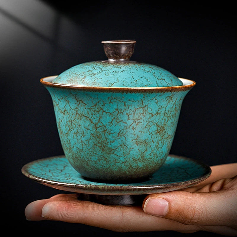 Creative Agate Green Sancai Gaiwan Household Retro Ceramic Tea Bowl Teacup Chinese Tea Set Individual Teaware Tea Tureen