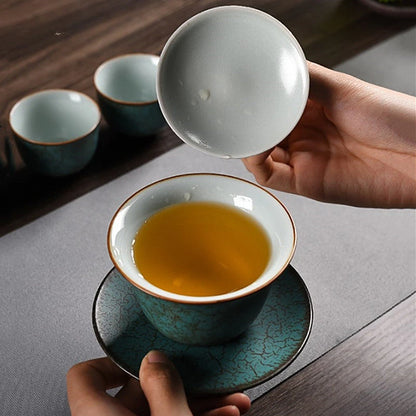 Creative Agate Green Sancai Gaiwan Household Retro Ceramic Tea Bowl Teacup Chinese Tea Set Individual Teaware Tea Tureen