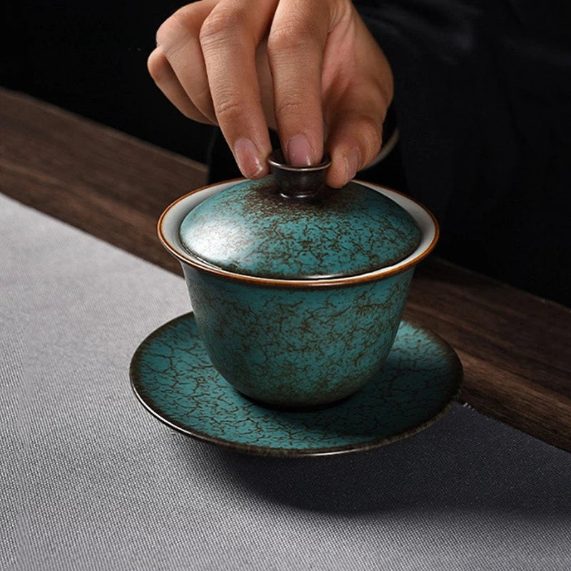 Creative Agate Green Sancai Gaiwan Household Retro Ceramic Tea Bowl Teacup Chinese Tea Set Individual Teaware Tea Tureen