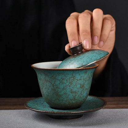 Creative Agate Green Sancai Gaiwan Household Retro Ceramic Tea Bowl Teacup Chinese Tea Set Individual Teaware Tea Tureen