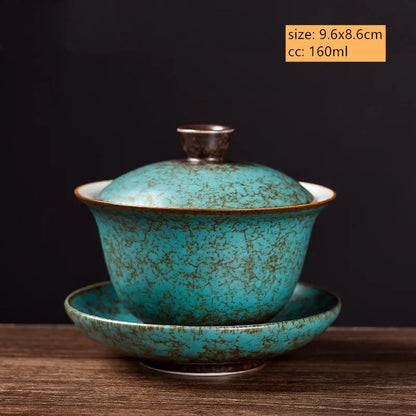 Creative Agate Green Sancai Gaiwan Household Retro Ceramic Tea Bowl Teacup Chinese Tea Set Individual Teaware Tea Tureen