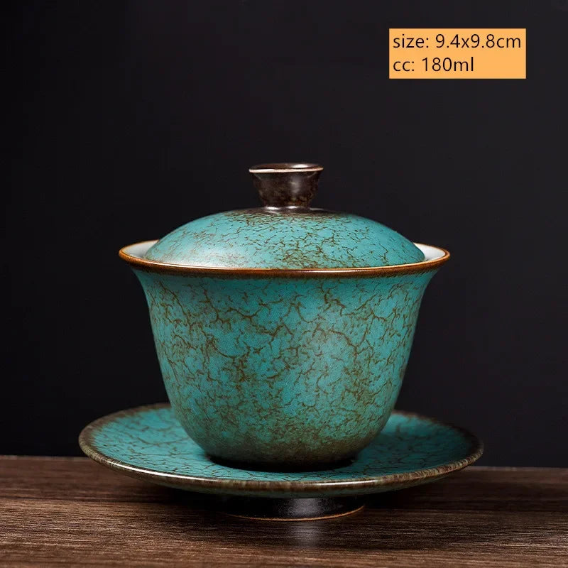 Creative Agate Green Sancai Gaiwan Household Retro Ceramic Tea Bowl Teacup Chinese Tea Set Individual Teaware Tea Tureen
