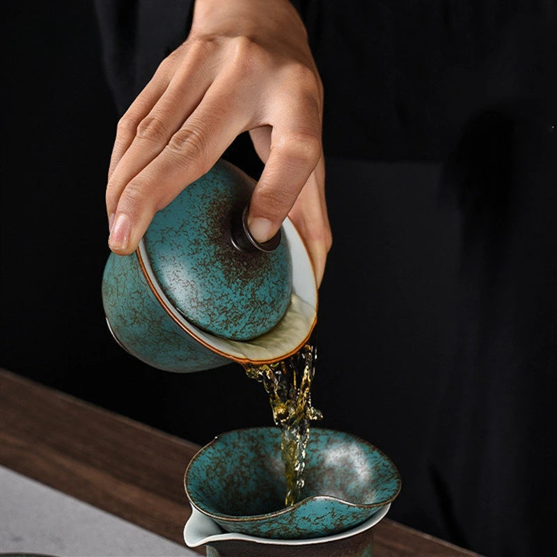 Creative Agate Green Sancai Gaiwan Household Retro Ceramic Tea Bowl Teacup Chinese Tea Set Individual Teaware Tea Tureen