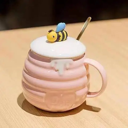 Creative Bee Milk Mug With Spoon Lid Ceramic Coffee Cup Set Christmas Cups of Coffee Cup to Go Drinkware Mug for Tea Couple Gift