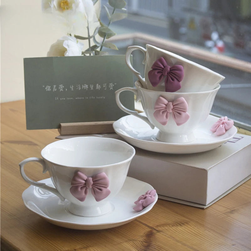Creative Bow-knot Tea cup and saucer Set Porcelain Cups Afternoon Tea set Nordic Minimalist Elegant Coffee Cup Bar Drink set