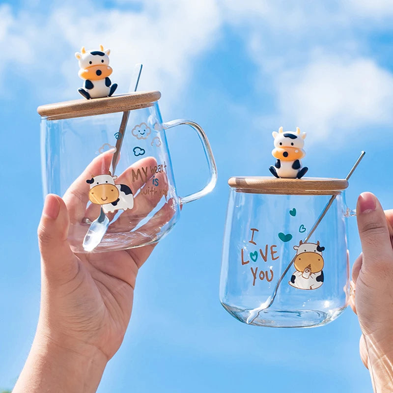 Creative Cartoon Cow Glass Mug With Lid Spoon Coffee Cups and Mugs Mug for Tea Cup of Coffee New Year Mugs Drinkware Original