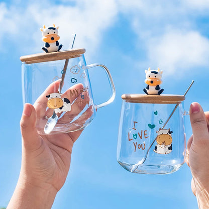 Creative Cartoon Cow Glass Mug With Lid Spoon Coffee Cups and Mugs Mug for Tea Cup of Coffee New Year Mugs Drinkware Original