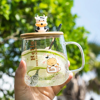 Creative Cartoon Cow Glass Mug With Lid Spoon Coffee Cups and Mugs Mug for Tea Cup of Coffee New Year Mugs Drinkware Original