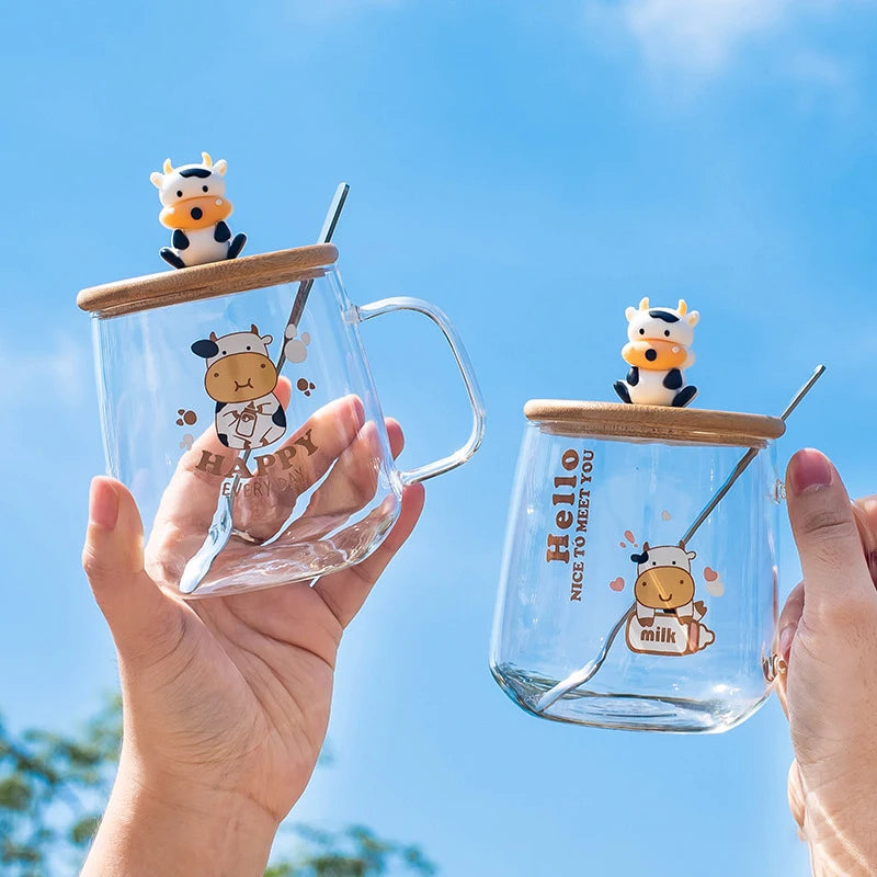 Creative Cartoon Cow Glass Mug With Lid Spoon Coffee Cups and Mugs Mug for Tea Cup of Coffee New Year Mugs Drinkware Original
