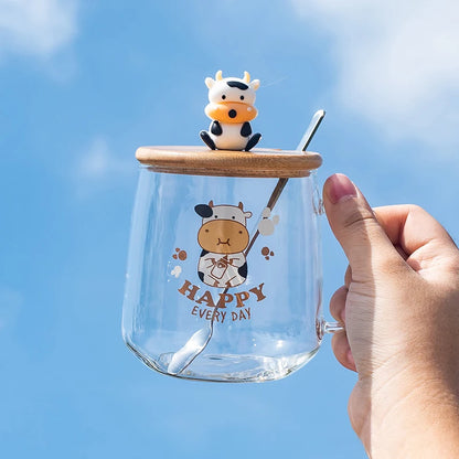 Creative Cartoon Cow Glass Mug With Lid Spoon Coffee Cups and Mugs Mug for Tea Cup of Coffee New Year Mugs Drinkware Original