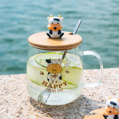 Creative Cartoon Cow Glass Mug With Lid Spoon Coffee Cups and Mugs Mug for Tea Cup of Coffee New Year Mugs Drinkware Original