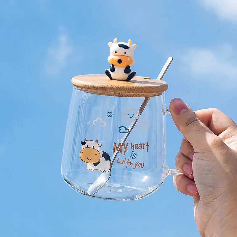 Creative Cartoon Cow Glass Mug With Lid Spoon Coffee Cups and Mugs Mug for Tea Cup of Coffee New Year Mugs Drinkware Original
