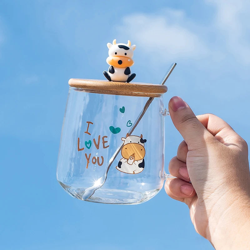 Creative Cartoon Cow Glass Mug With Lid Spoon Coffee Cups and Mugs Mug for Tea Cup of Coffee New Year Mugs Drinkware Original