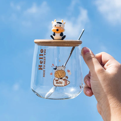 Creative Cartoon Cow Glass Mug With Lid Spoon Coffee Cups and Mugs Mug for Tea Cup of Coffee New Year Mugs Drinkware Original