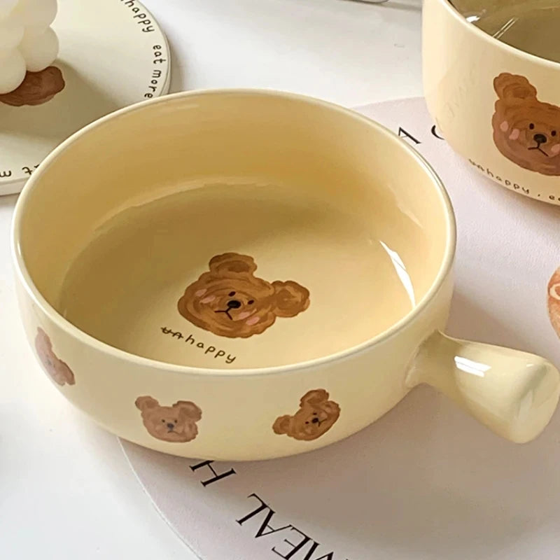 Creative Ceramic Bowl Cartoon Bear Handle Noodle Bowl Special Bowl for Oven and Microwave Oven Salad Bowl