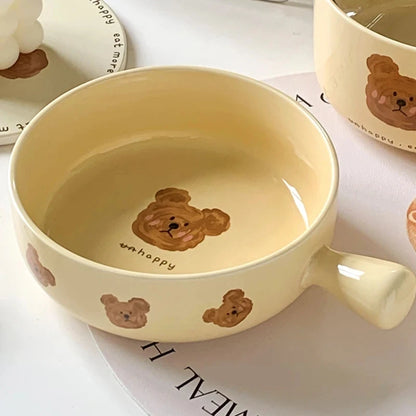 Creative Ceramic Bowl Cartoon Bear Handle Noodle Bowl Special Bowl for Oven and Microwave Oven Salad Bowl