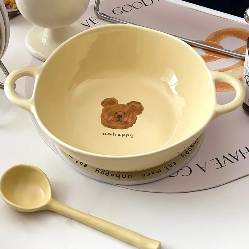 Creative Ceramic Bowl Cartoon Bear Handle Noodle Bowl Special Bowl for Oven and Microwave Oven Salad Bowl