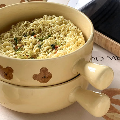 Creative Ceramic Bowl Cartoon Bear Handle Noodle Bowl Special Bowl for Oven and Microwave Oven Salad Bowl