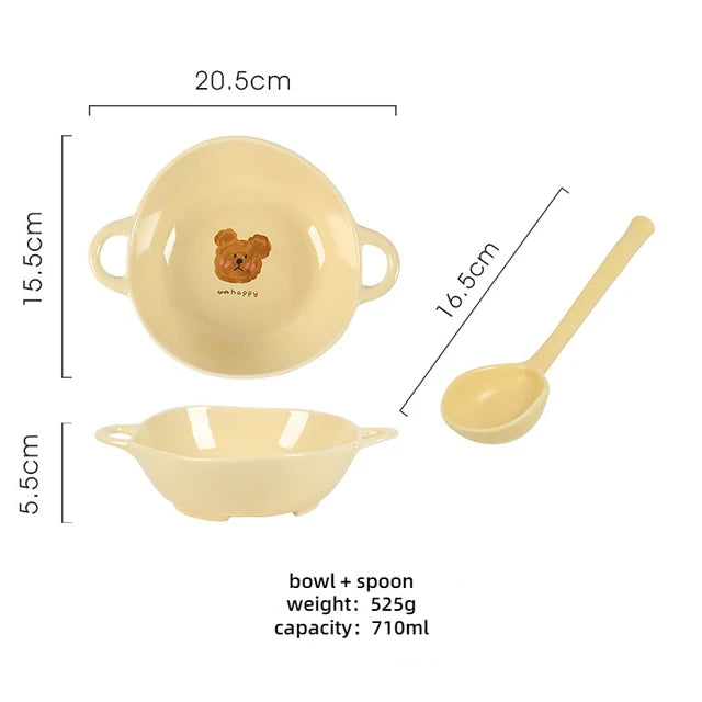 Creative Ceramic Bowl Cartoon Bear Handle Noodle Bowl Special Bowl for Oven and Microwave Oven Salad Bowl