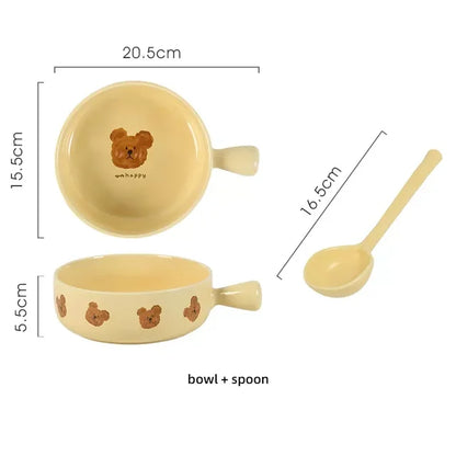 Creative Ceramic Bowl Cartoon Bear Handle Noodle Bowl Special Bowl for Oven and Microwave Oven Salad Bowl