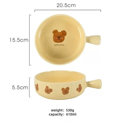 Creative Ceramic Bowl Cartoon Bear Handle Noodle Bowl Special Bowl for Oven and Microwave Oven Salad Bowl