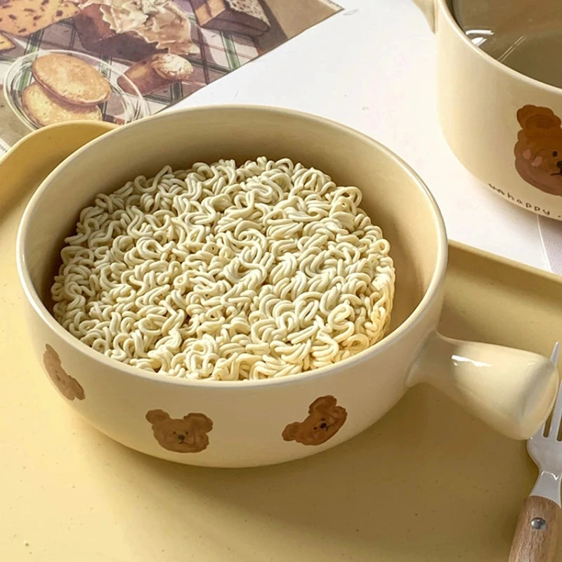 Creative Ceramic Bowl Cartoon Bear Handle Noodle Bowl Special Bowl for Oven and Microwave Oven Salad Bowl