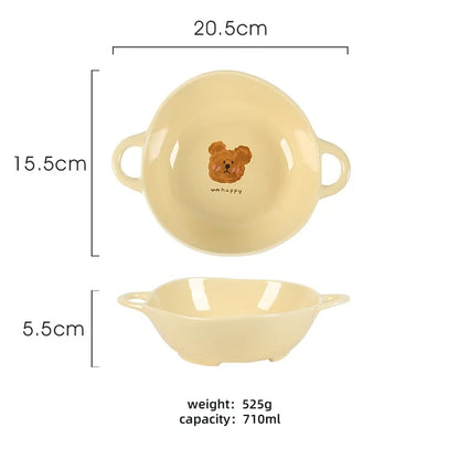 Creative Ceramic Bowl Cartoon Bear Handle Noodle Bowl Special Bowl for Oven and Microwave Oven Salad Bowl
